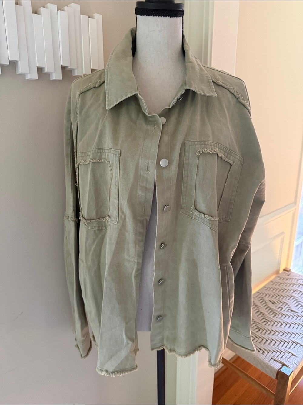 Pink Lily Frayed Utility Shacket Jacket Sage Green XL Cotton Overshirt Back Star